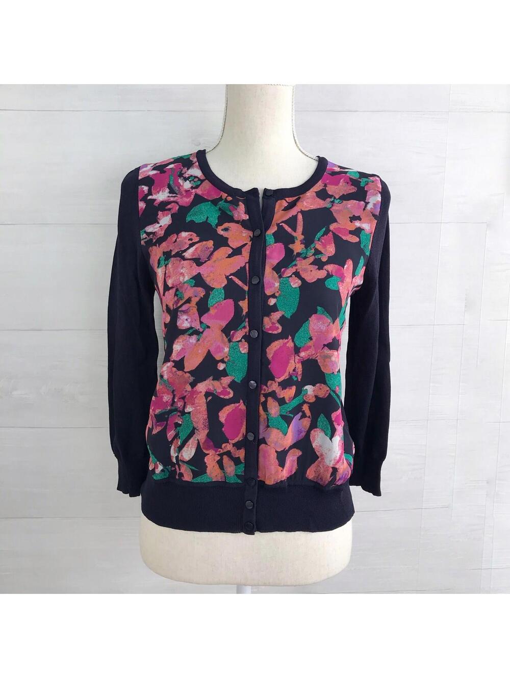 Ann Taylor Petite Navy Floral Mixed Media Cardigan S Petite Zip Front